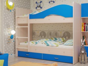 Кровать 2-х ярусная Мая с ящиками на латофлексах млечный дуб/синий в Тавде - tavda.magazinmebel.ru | фото